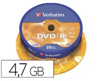 Dvd-r verbatim capacidad 4.7gb velocidad 16x 120 min tarrina de 25 unidades