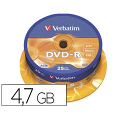 Dvd-r verbatim capacidad 4.7gb velocidad 16x 120 min tarrina de 25 unidades