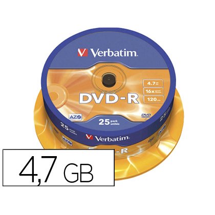 Dvd-r verbatim capacidad 4.7gb velocidad 16x 120 min tarrina de 25 unidades