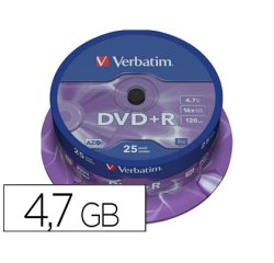 Dvd+r verbatim capacidad 4.7gb velocidad 16x 120 min tarrina de 25 unidades