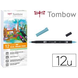 Rotulador tombow abt dual brush acuarelable doble punta fina/pincel estuche de 12 unidades colores pastel