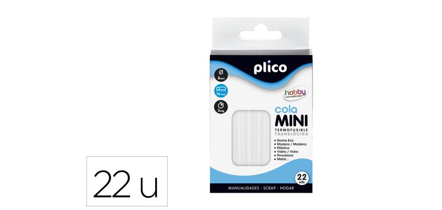 Barra termofusible plico mini translucida 8 mm de diametro x 95 mm de alto blister de 22 unidades