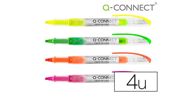 Rotulador q-connect fluorescente punta biselada tinta liquida bolsa de 4 unidades colores surtidos