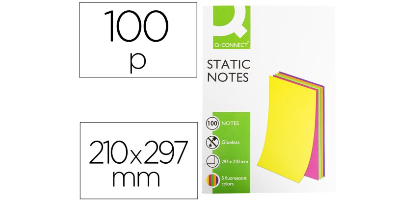 Bloc de notas electrostaticas quita y pon q-connect 210x297mm 100 hojas 5 colores fluorescentes