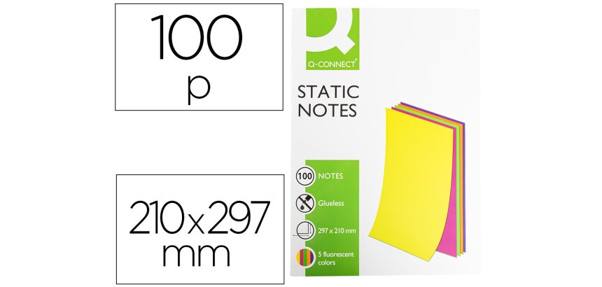 Bloc de notas electrostaticas quita y pon q-connect 210x297mm 100 hojas 5 colores fluorescentes