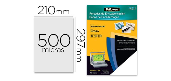 Cubiertas para encuadernar Fellowes A4 polipropileno negro 500 micras - Paquete de 100 unidades