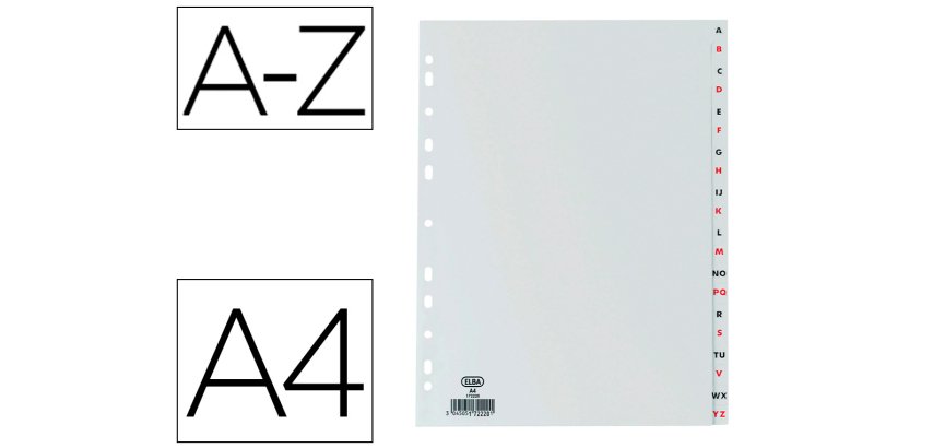 Separador alfabetico elba plastico 120 mc folio 16 taladros a-z gris
