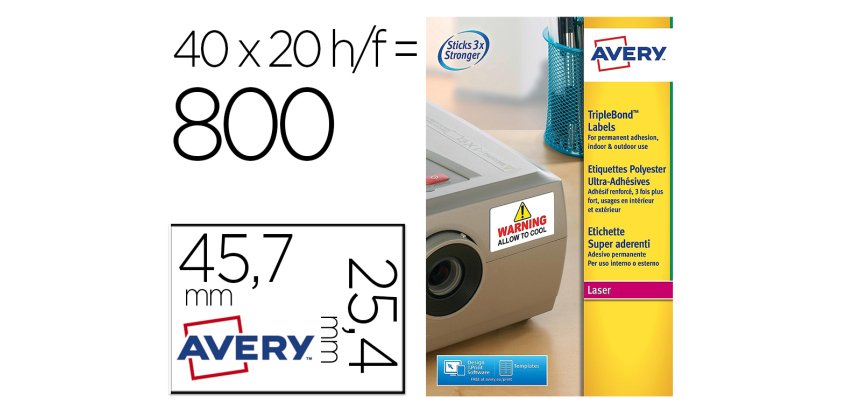 Etiqueta adhesiva avery poliester super adherente blanca 45,7x25,4 mm laser pack de 800 unidades