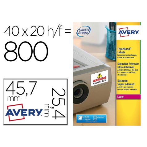 Etiqueta adhesiva avery poliester super adherente blanca 45,7x25,4 mm laser pack de 800 unidades