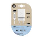 Cargador doble blanco+cable braided nylon lightning (para apple), alto rendimiento 2,4A