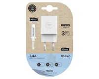 Cargador doble blanco+cable braided nylon lightning (para apple), alto rendimiento 2,4A