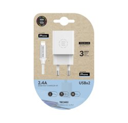 Cargador doble blanco+cable braided nylon lightning (para apple), alto rendimiento 2,4A