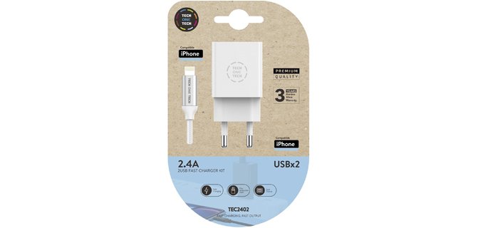 Cargador doble blanco+cable braided nylon lightning (para apple), alto rendimiento 2,4A