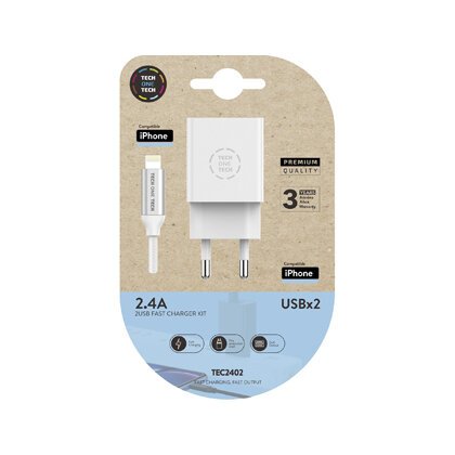 Cargador doble blanco+cable braided nylon lightning (para apple), alto rendimiento 2,4A