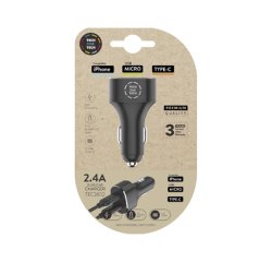 Cargador para coche One Tech 2.4 doble para iphone / usb micro / type-c color negro