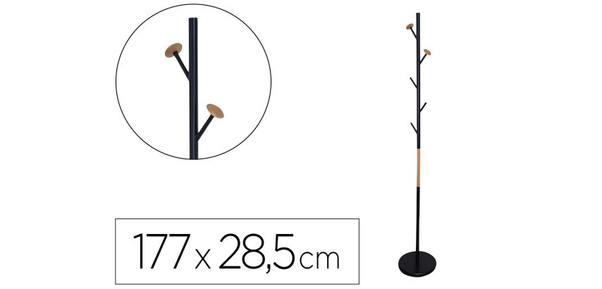 Perchero metalico q-connect negro con detalles de madera 5 colgadores 177x28,5 cm