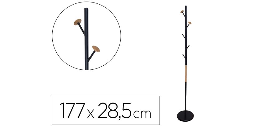 Perchero metalico q-connect negro con detalles de madera 5 colgadores 177x28,5 cm