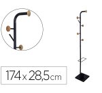 Perchero metalico q-connect negro con detalles de madera 6 colgadores y paraguero 174x28,5 cm