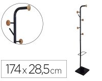 Perchero metalico q-connect negro con detalles de madera 6 colgadores y paraguero 174x28,5 cm