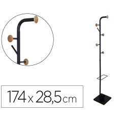 Perchero metalico q-connect negro con detalles de madera 6 colgadores y paraguero 174x28,5 cm