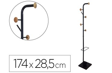 Perchero metalico q-connect negro con detalles de madera 6 colgadores y paraguero 174x28,5 cm