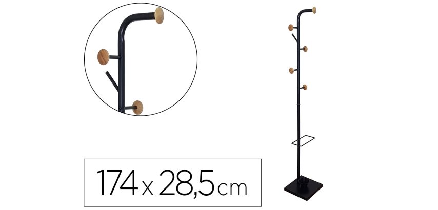 Perchero metalico q-connect negro con detalles de madera 6 colgadores y paraguero 174x28,5 cm