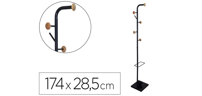 Perchero metalico q-connect negro con detalles de madera 6 colgadores y paraguero 174x28,5 cm