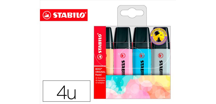 Rotulador stabilo boss fluorescente 70 pastel estuche de 4 unidades colores surtidos