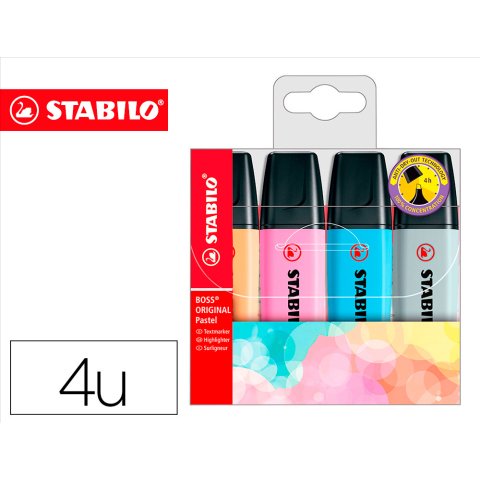 Rotulador stabilo boss fluorescente 70 pastel estuche de 4 unidades colores surtidos