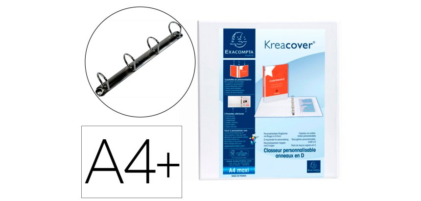 Carpeta exacompta canguro 4 anillas 40 mm din a4+ carton forrado polipropileno personalizable 3 bolsillos