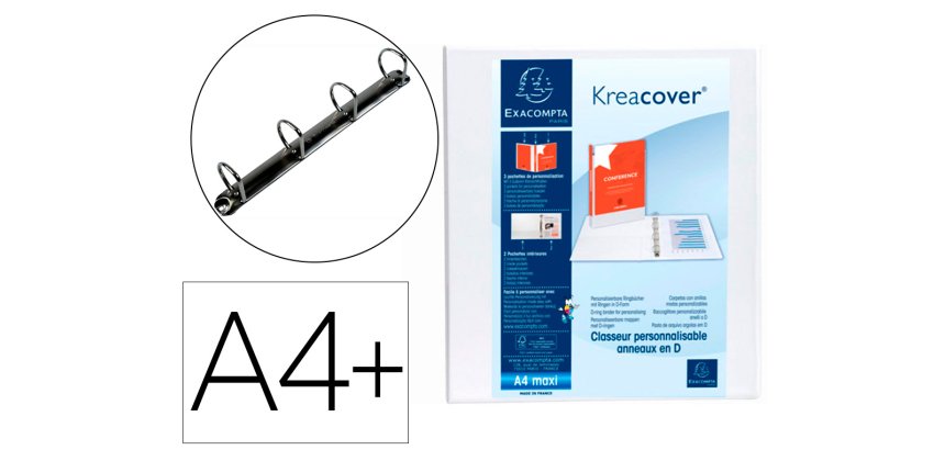 Carpeta Exacompta 4 anillas mixtas 60mm forrada 3 bolsos exteriores Krea Cover - A maxi - Blanco