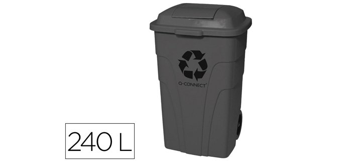Papelera contenedor q-connect plastico con tapadera 240l color gris 1040x610x610 mm con ruedas