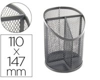 Cubilete portalapices q-connect plata metal redondo rejilla con 3 compartimentos diametro 110 mm alto 147 mm