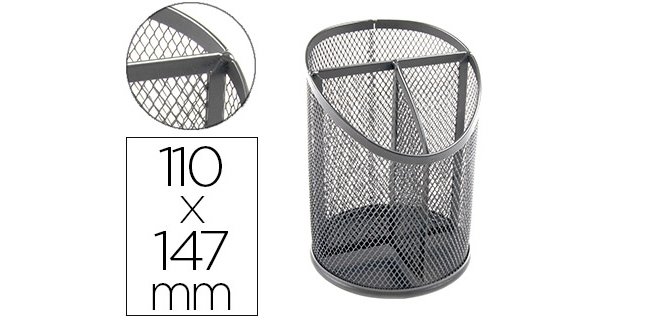 Cubilete portalapices q-connect plata metal redondo rejilla con 3 compartimentos diametro 110 mm alto 147 mm