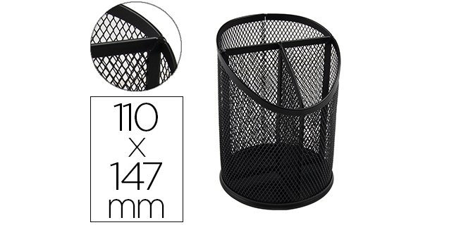 Cubilete portalapices q-connect negro metal redondo rejilla con 3 compartimentos diametro 110 mm alto 147 mm
