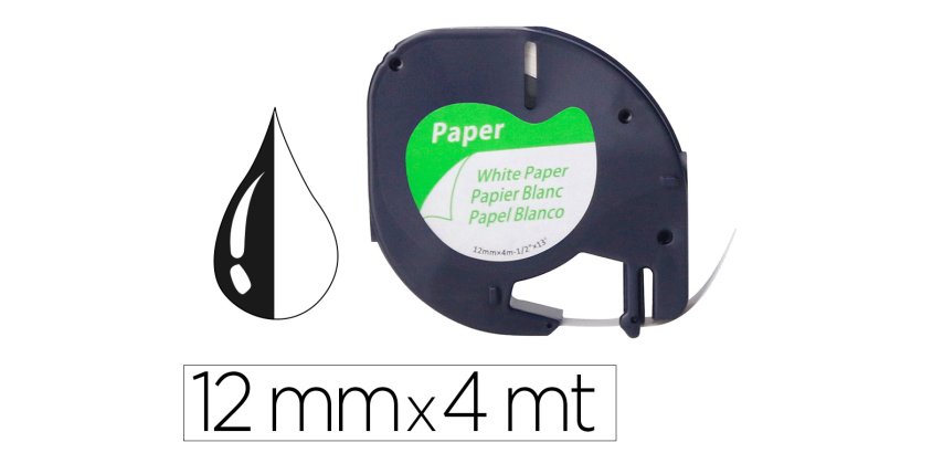 Cinta q-connect papel 12 mm x 4 m negro-blanco para letratag