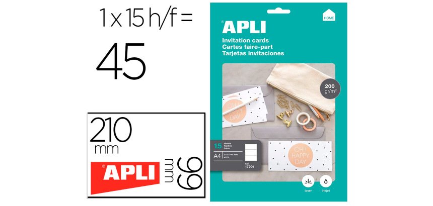 Tarjeta de visita apli invitacion hogar 210x99mm 200 g blanca pack de 15 hojas din a4