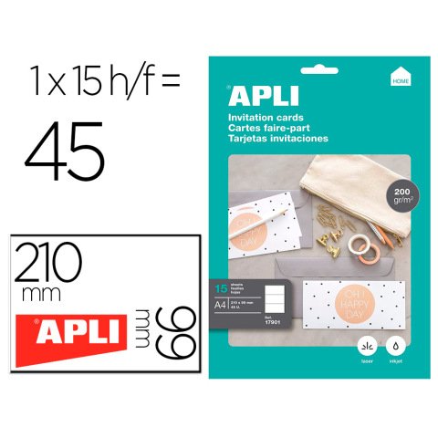 Tarjeta de visita apli invitacion hogar 210x99mm 200 g blanca pack de 15 hojas din a4