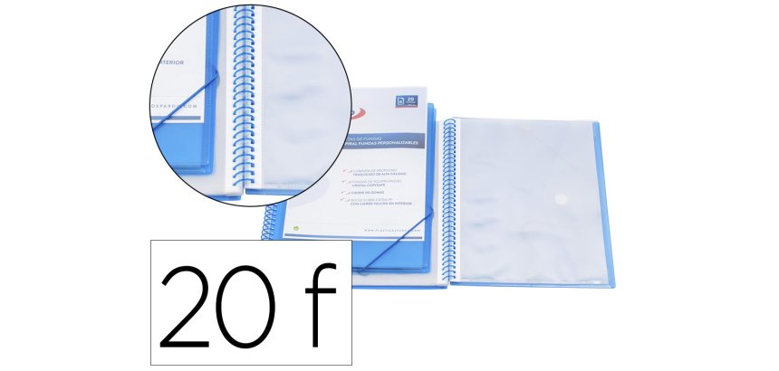 Carpeta pardo escaparate con espiral 20 fundas polipropileno con gomas personalizable color azul