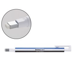 Portagomas tombow mono zero con clip goma rectangular 2,5 x 5 mm color blanco azul y negro