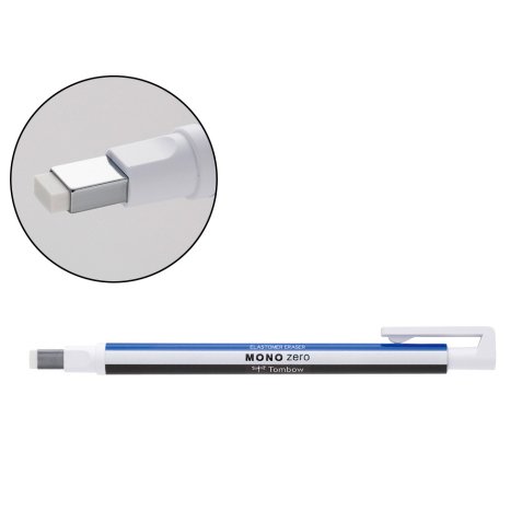 Portagomas tombow mono zero con clip goma rectangular 2,5 x 5 mm color blanco azul y negro