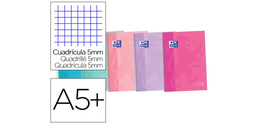Cuaderno espiral oxford touch pastel europeanbook 5 tapa extradura din a4+ 120 hojas cuadro 5 mm colores surtidos
