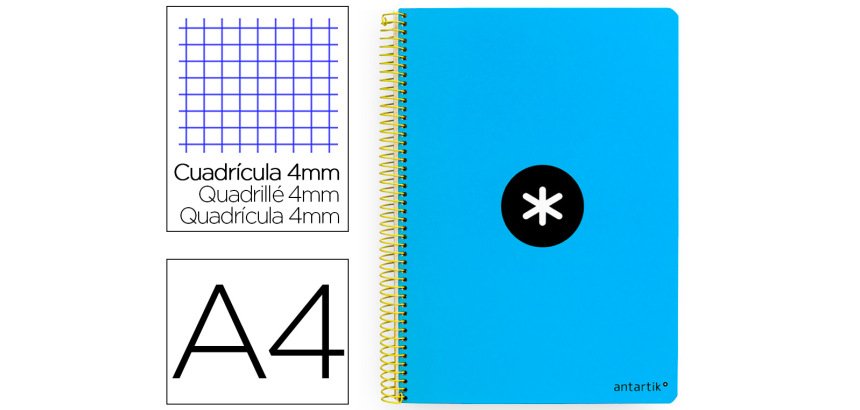 Cuaderno espiral a4 antartik tapa dura 80h 90gr cuadro 4mm con margen color azul