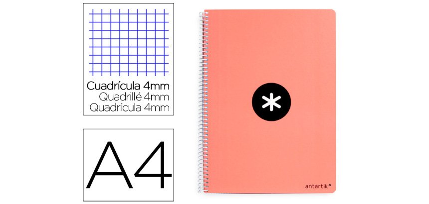 Cuaderno espiral a4 antartik tapa dura 80h 90gr cuadro 4mm con margen color coral