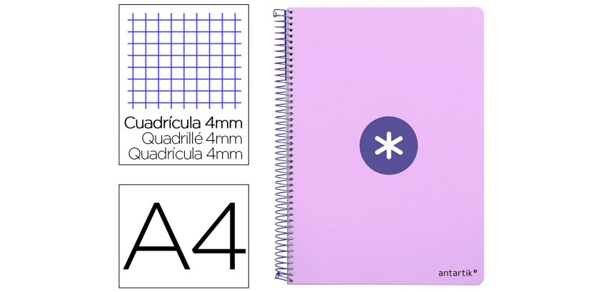 Cuaderno espiral a4 antartik tapa dura 80h 90gr cuadro 4mm con margen color lavanda