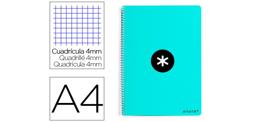 Cuaderno espiral a4 antartik tapa dura 80h 90gr cuadro 4mm con margen color menta