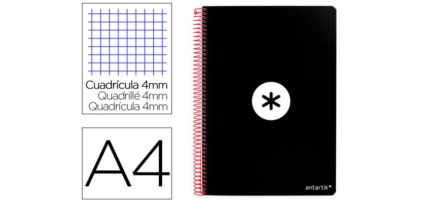 Cuaderno espiral a4 antartik tapa dura 80h 90gr cuadro 4mm con margen color negro
