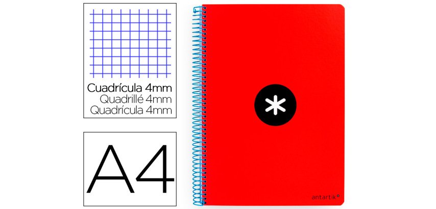 Cuaderno espiral a4 antartik tapa dura 80h 90gr cuadro 4mm con margen color rojo