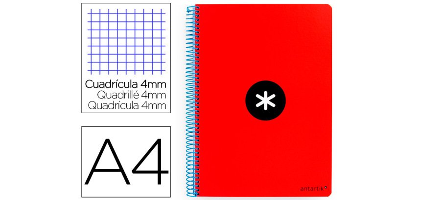Cuaderno espiral a4 antartik tapa dura 80h 90gr cuadro 4mm con margen color rojo