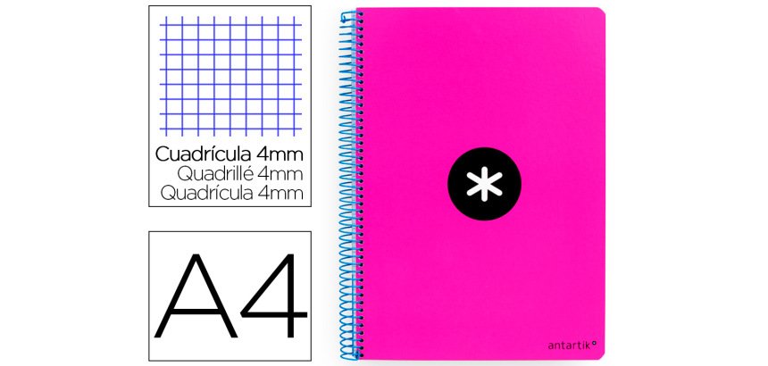 Cuaderno espiral a4 antartik tapa dura 80h 90gr cuadro 4mm con margen color rosa fluor